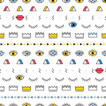 Memphis pattern with psychedelic eyes, lips and geometric shapes. Fashion bac Stock Illustration
