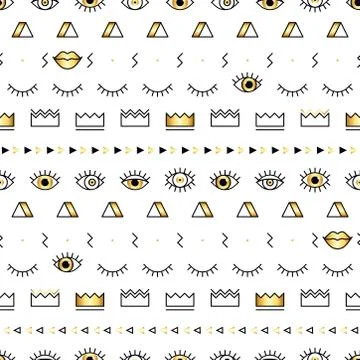 Memphis pattern with psychedelic eyes, lips and geometric shapes. Fashion bac Stock Illustration
