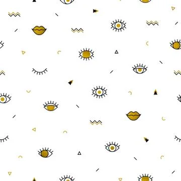 Memphis pattern with psychedelic eyes, lips and geometric shapes. Fashion Stock Illustration