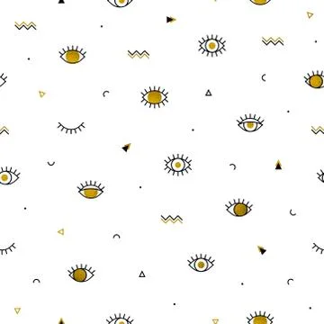 Memphis pattern with psychedelic golden eyes and geometric shapes. Fashion Stock Illustration