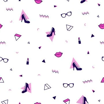 Memphis pattern with purple high heel shoes, pink lips, sunglasses and geometric Stock Illustration