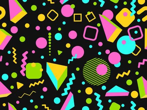 Memphis seamless pattern with 3d geometric shapes in 80s style. Colorful geom Illustrazione stock