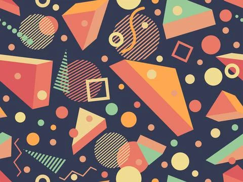 Memphis seamless pattern with 3d geometric shapes in 80s style. Colorful geom Stock-Illustration