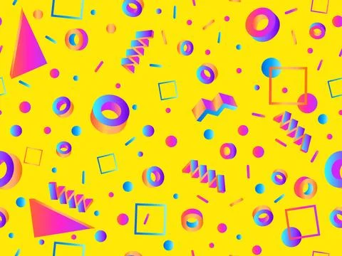 Memphis seamless pattern with 3d geometric shapes with gradient. Colorful i.. Stock Illustration