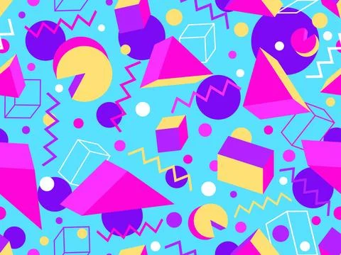 Memphis seamless pattern with 3d geometric shapes in 80s style. Colorful ge.. Stock-Illustration