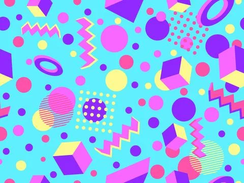 Memphis seamless pattern with 3d geometric shapes in 80s style. Colorful ge.. Illustrazione stock