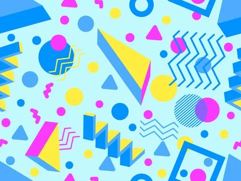 Memphis seamless pattern with 3d geometric shapes in 80s style. Colorful ge.. Illustrazione stock