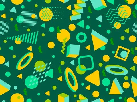 Memphis seamless pattern with 3d geometric shapes in 80s style. Colorful ge.. Stock-Illustration