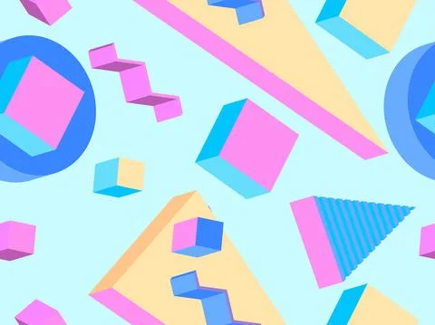 Memphis seamless pattern with 3d isometric geometric shapes in the style Stock Illustration