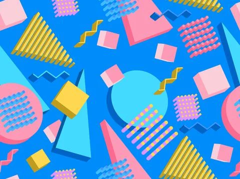 Memphis seamless pattern with 3d isometric geometric shapes in the style Stock Illustration