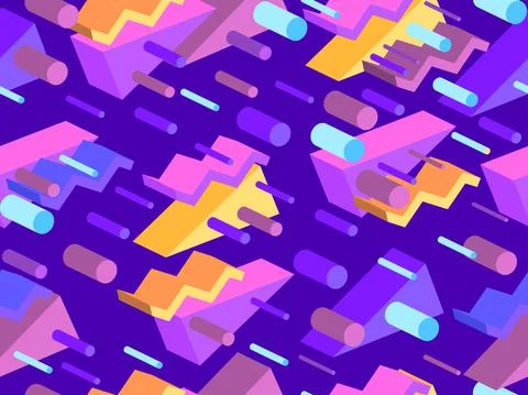 Memphis seamless pattern with 3d isometric geometric shapes in the style イラスト素材