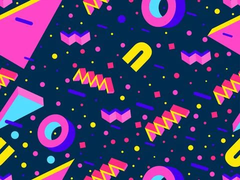 Memphis seamless pattern with 3d shapes in 80s memphis style. Isometric geo.. Stock Illustration