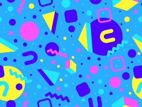 Memphis seamless pattern with 3d shapes in 80s memphis style. Isometric geo.. Stock Illustration