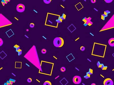 Memphis seamless pattern with 3d shapes in 80s memphis style. Isometric geo.. Stock Illustration