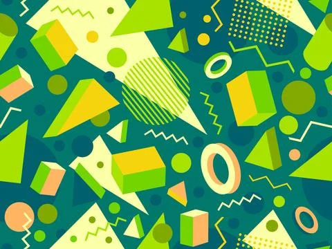Memphis seamless pattern with 3d shapes in 80s memphis style. Isometric geo.. Stock Illustration