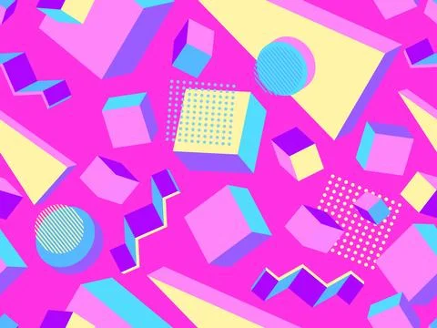 Memphis seamless pattern with 3d shapes in 80s memphis style. Isometric geo.. Stock Illustration