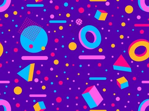 Memphis seamless pattern with 3d shapes in 80s memphis style. Isometric geo.. Stock Illustration