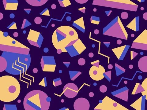 Memphis seamless pattern with 3d shapes in 80s memphis style. Isometric geo.. Stock Illustration