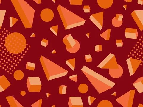 Memphis seamless pattern with 3d shapes in 80s memphis style. Isometric geo.. Stock Illustration