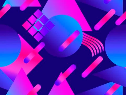 Memphis seamless pattern. Asymmetrical geometric objects gradient in the styl 스톡 일러스트