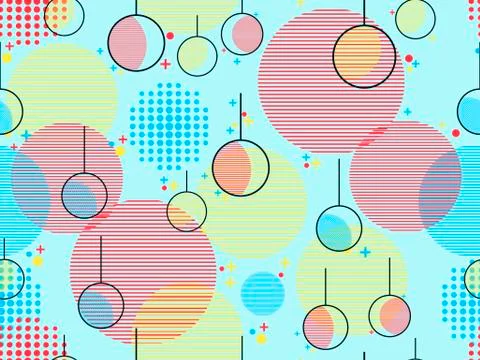 Memphis seamless pattern with christmas balls. New Year`s background in retro 스톡 일러스트
