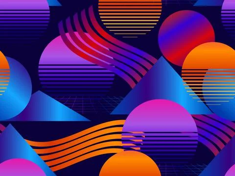 Memphis seamless pattern with futuristic gradient. Geometric elements memphis Illustrazione stock