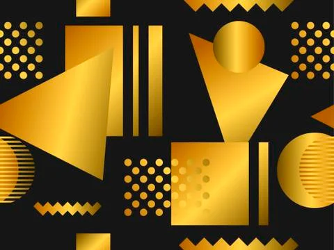 Memphis seamless pattern with geometric shapes and golden gradient. Retro sty 스톡 일러스트