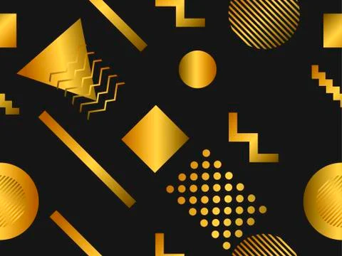 Memphis seamless pattern with geometric shapes and golden gradient. Retro sty Stock Illustration