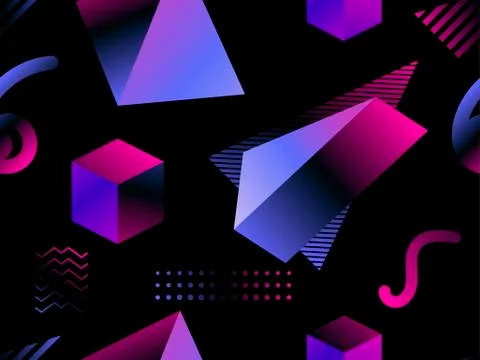 Memphis seamless pattern with geometric shapes and dark gradient, style of th Illustrazione stock