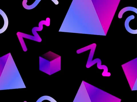 Memphis seamless pattern with geometric shapes and dark gradient, style of th Stock Illustration