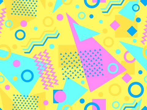 Memphis seamless pattern with geometric shapes in 80s style. Colorful geome.. Illustrazione stock