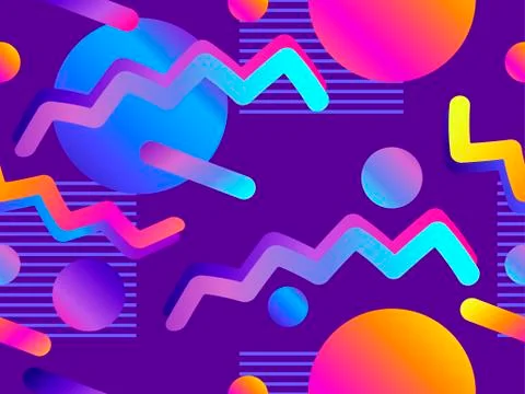Memphis seamless pattern with gradient shape in the style of 80s. Synthwave,  Illustrazione stock