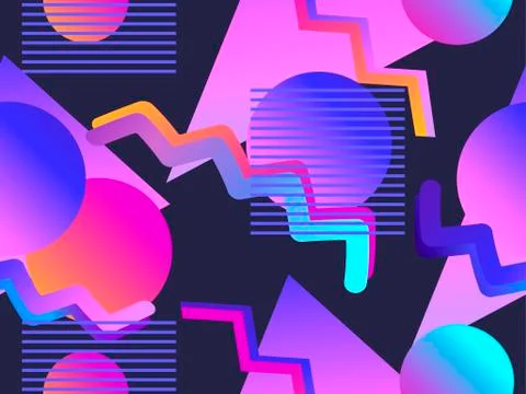 Memphis seamless pattern with gradient shape in the style of 80s. Synthwave,  Illustrazione stock