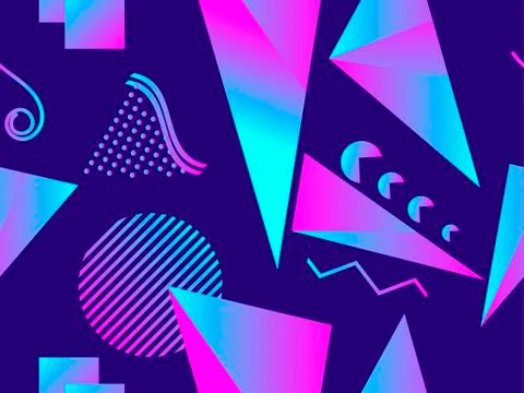 Memphis seamless pattern. Holographic geometric shapes, gradients, retro styl 스톡 일러스트