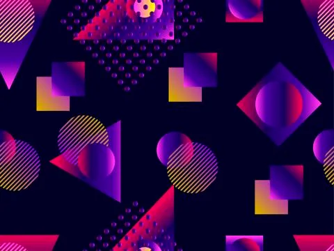 Memphis seamless pattern. Holographic geometric shapes, gradients, retro styl 스톡 일러스트