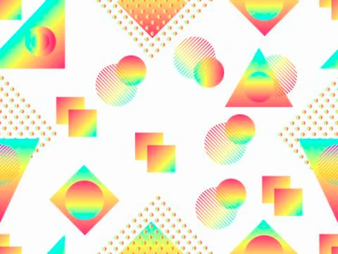 Memphis seamless pattern. Holographic geometric shapes, gradients, retro styl Illustrazione stock