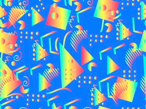 Memphis seamless pattern. Holographic geometric shapes, gradients, retro styl 스톡 일러스트