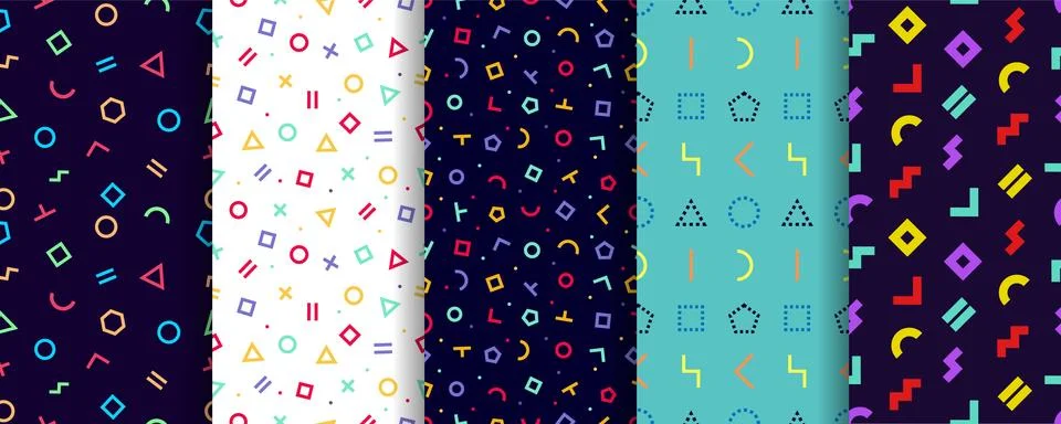 Memphis seamless pattern. Set of five geometric textures. Vector. Wrapping pa Illustrazione stock