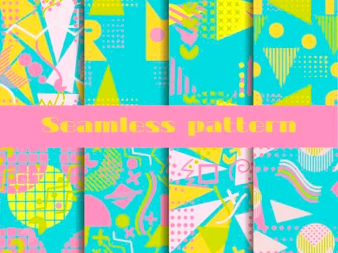 Memphis seamless pattern set. Geometric elements memphis in the style of 80's Stock Illustration