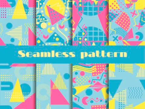 Memphis seamless pattern set. Geometric elements memphis in the style of 80's 스톡 일러스트