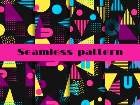 Memphis seamless pattern set. Geometric elements memphis in the style of 80's Stock Illustration