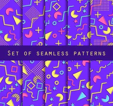 Memphis seamless pattern set. Geometric elements memphis in the style of 80's 스톡 일러스트