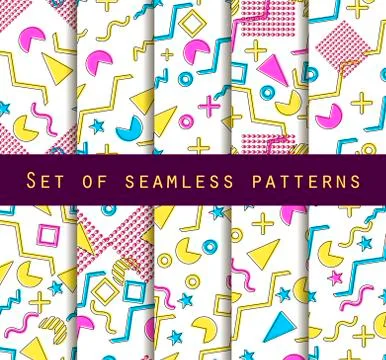 Memphis seamless pattern set. Geometric elements memphis in the style of 80's Stock Illustration