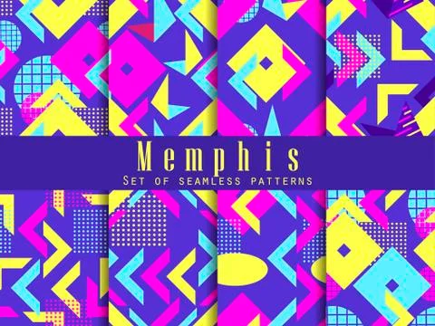 Memphis seamless pattern set. Geometric elements memphis in style of 80s. Iso Stock Illustration