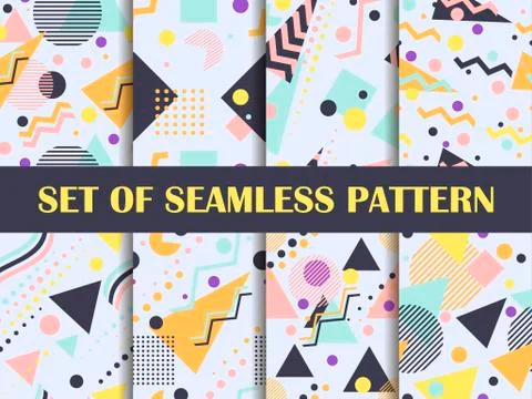 Memphis seamless pattern set. Geometric elements memphis in the style of 80's Stock Illustration
