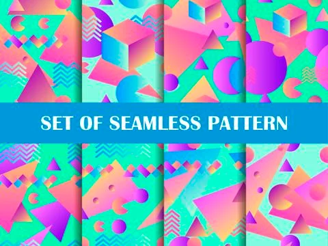 Memphis seamless pattern set. Geometric shapes with gradient in the style of  Stock Illustration