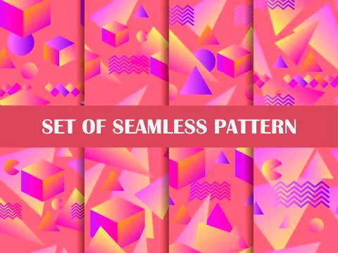 Memphis seamless pattern set. Geometric shapes with gradient in the style of  Stock Illustration