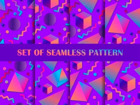 Memphis seamless pattern set. Geometric shapes with gradient in the style of  Stock Illustration