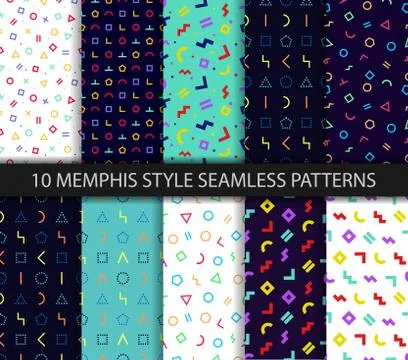 Memphis seamless pattern. Set of ten geometric textures. Wrapping paper desig Stock Illustration