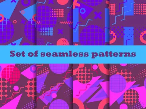 Memphis seamless patterns set. Geometric elements of Memphis in the style of  Illustrazione stock